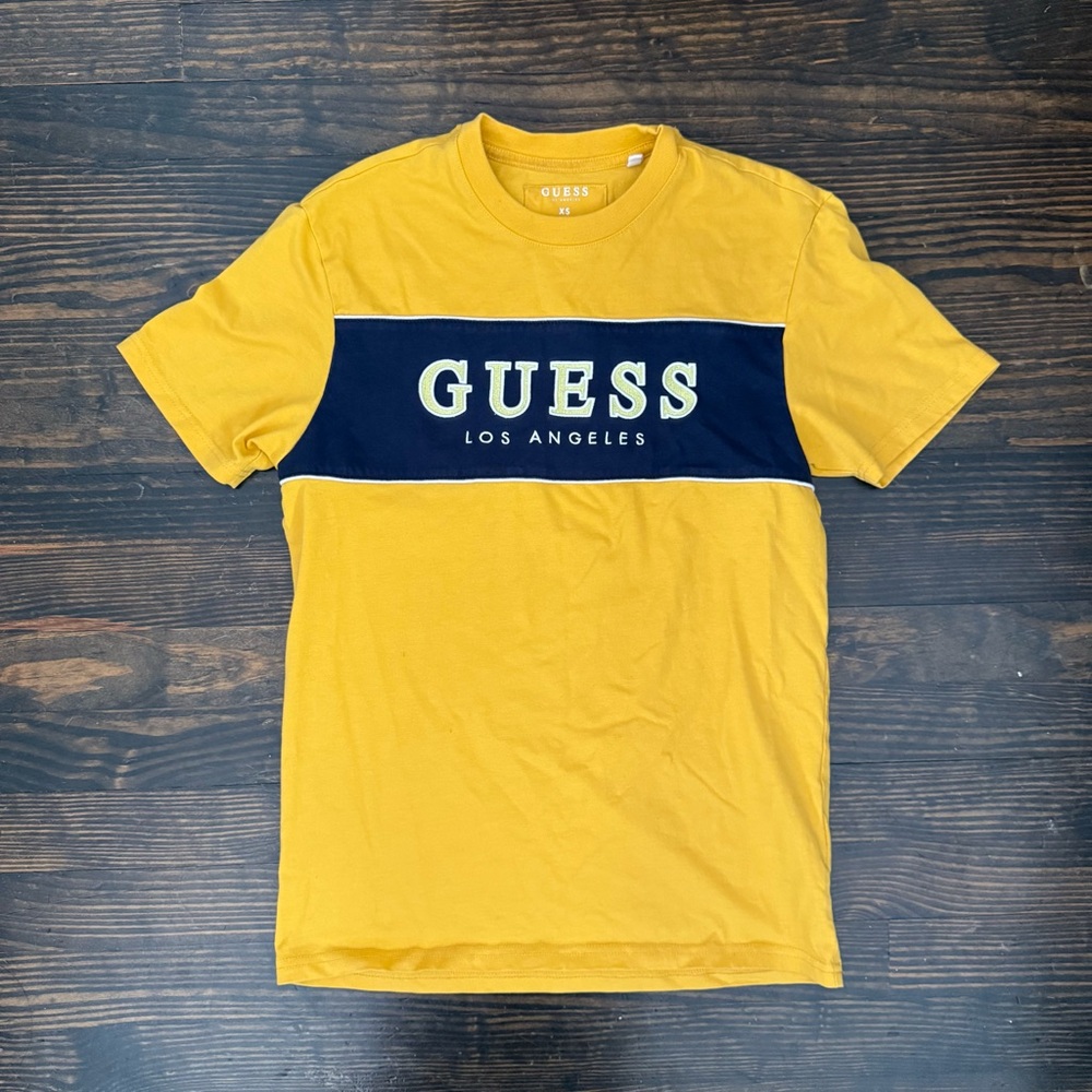 Guess Men's Yellow Short-Sleeve Tee with Navy Logo Panel